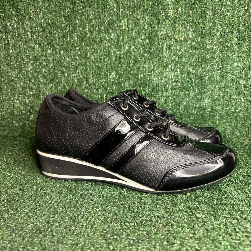 Comfortview Perforated Patent‎ Wedge Sneaker Athleisure Black Womens Sz 8.5 Wide